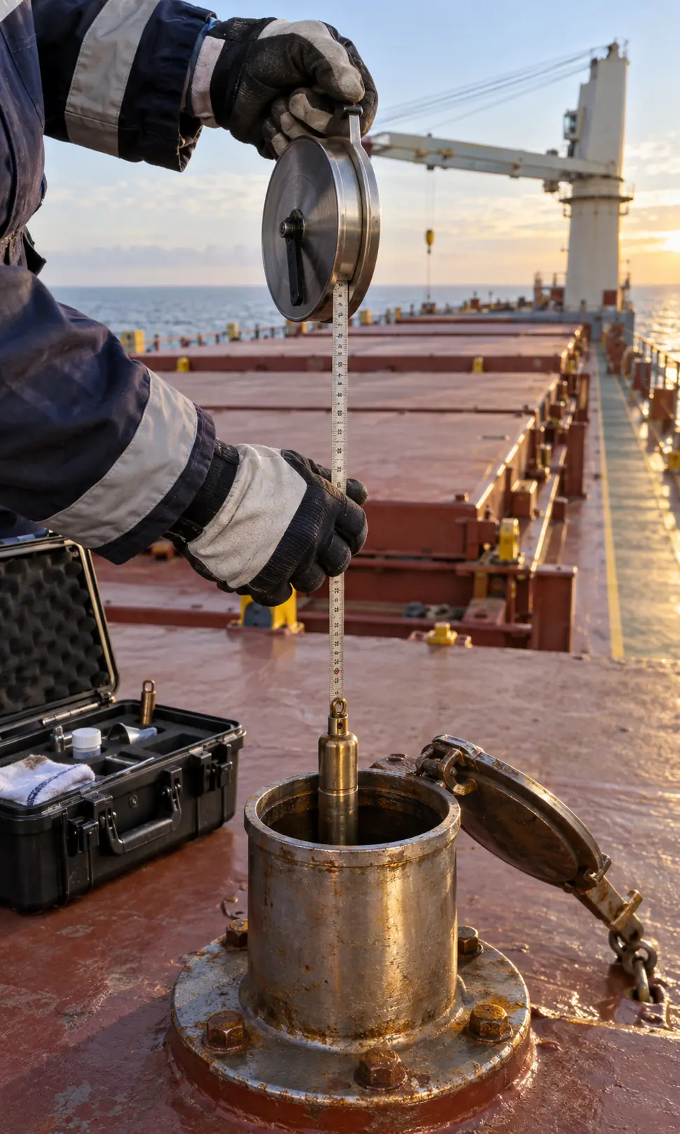 IMI bunker surveyor conducting bunker measurements aboard a bulk carrier